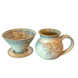Handmade Glazed Blue Cream Ceramic Coffee Mug w/Dripper Pourover Set V60 Style
